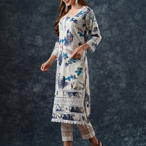 Abstract Floral Printed Straight Fit Kurta - Off White