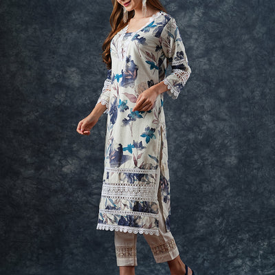 Abstract Floral Printed Straight Fit Kurta - Off White