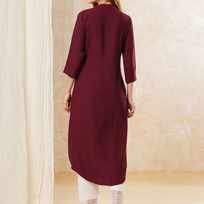 Solid Stone Embellished Kurta - Maroon