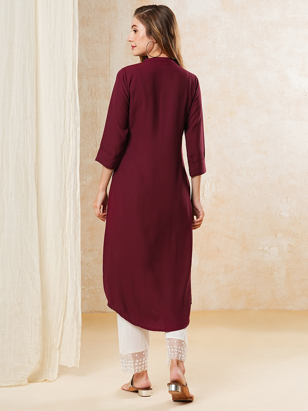 Solid Stone Embellished Kurta - Maroon