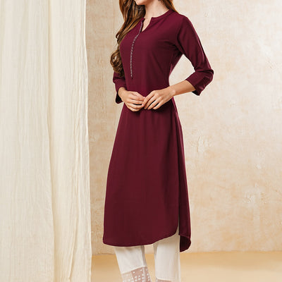 Solid Stone Embellished Kurta - Maroon