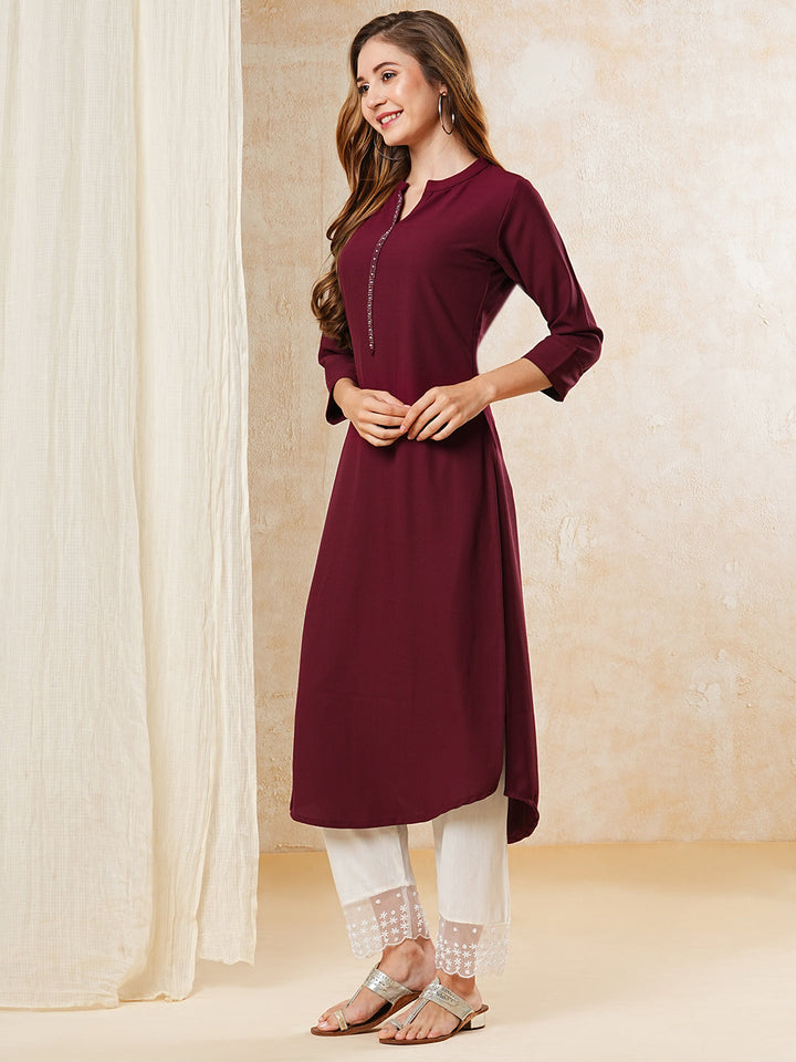 Solid Stone Embellished Kurta - Maroon