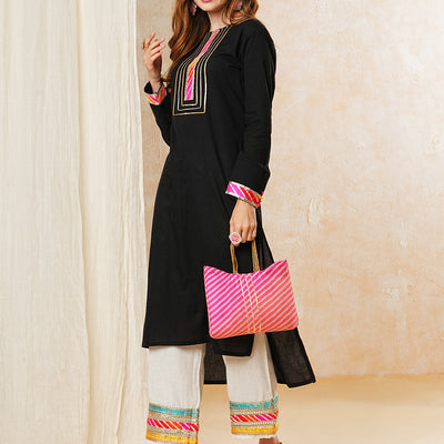 Solid Gota Embroidered Straight High-Low Kurta with Palazzo - Black