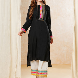 Solid Gota Embroidered Straight High-Low Kurta with Palazzo - Black