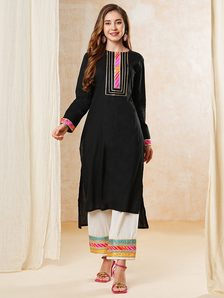 Solid Gota Embroidered Straight High-Low Kurta with Palazzo - Black