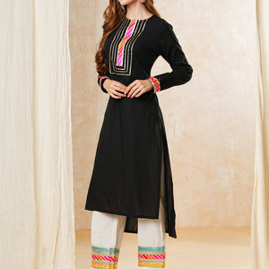 Solid Gota Embroidered Straight High-Low Kurta with Palazzo - Black
