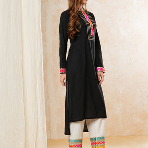 Solid Gota Embroidered Straight High-Low Kurta with Palazzo - Black