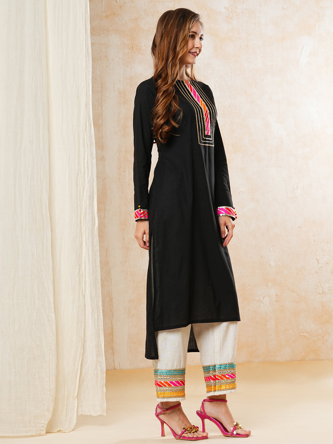 Solid Gota Embroidered Straight High-Low Kurta with Palazzo - Black