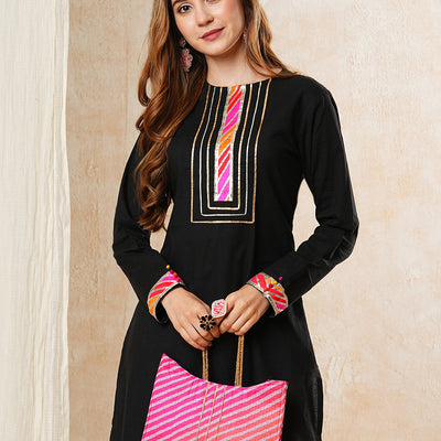 Solid Gota Embroidered Straight High-Low Kurta with Palazzo - Black