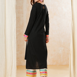 Solid Gota Embroidered Straight High-Low Kurta with Palazzo - Black