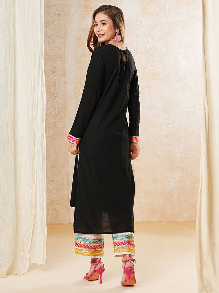 Solid Gota Embroidered Straight High-Low Kurta with Palazzo - Black