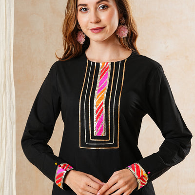 Solid Gota Embroidered Straight High-Low Kurta with Palazzo - Black