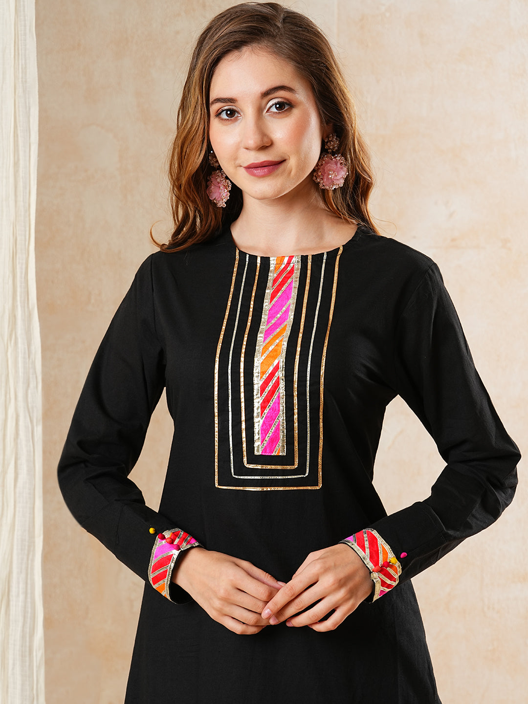 Solid Gota Embroidered Straight High-Low Kurta with Palazzo - Black