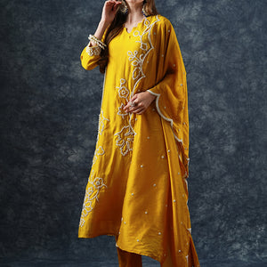 Solid Floral Dori Embroidered Straight Kurta with Pant & Dupatta - Yellow