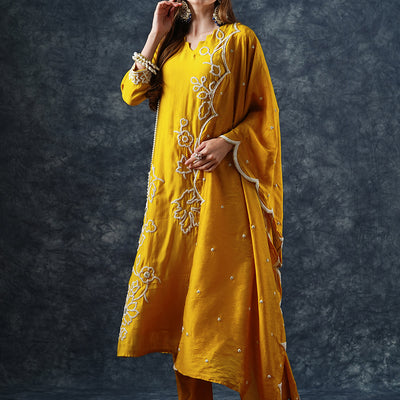 Solid Floral Dori Embroidered Straight Kurta with Pant & Dupatta - Yellow