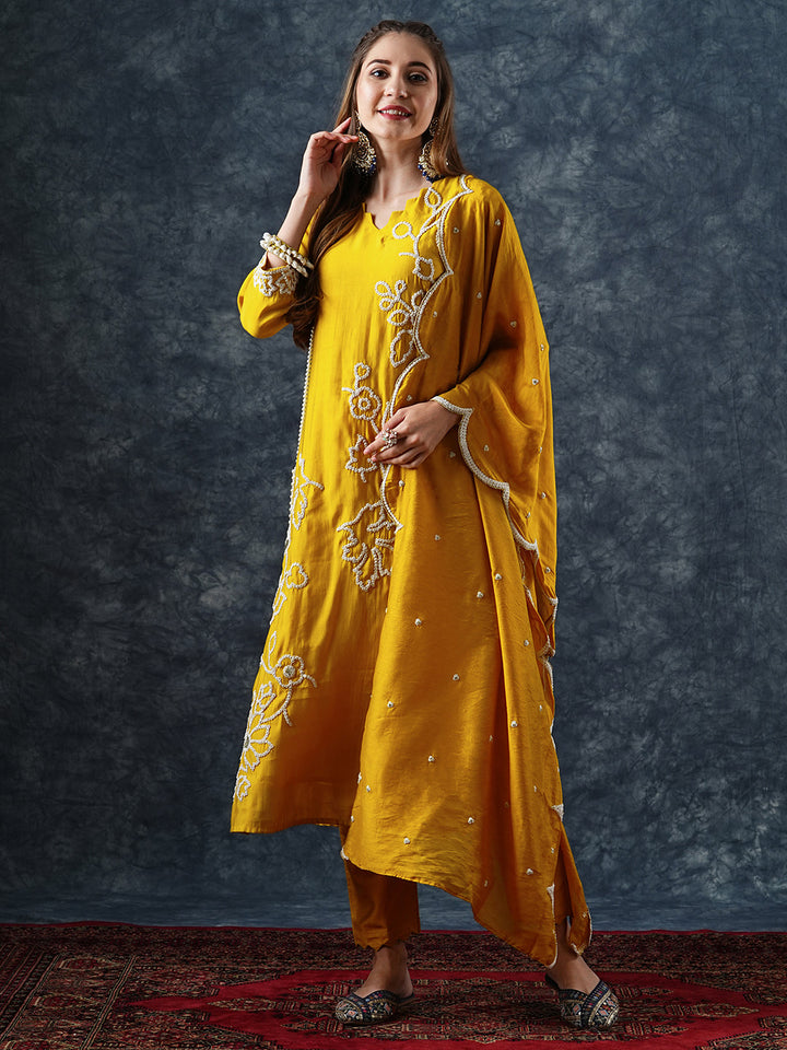 Solid Floral Dori Embroidered Straight Kurta with Pant & Dupatta - Yellow