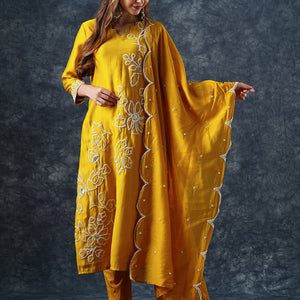 Solid Floral Dori Embroidered Straight Kurta with Pant & Dupatta - Yellow
