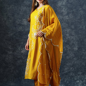 Solid Floral Dori Embroidered Straight Kurta with Pant & Dupatta - Yellow