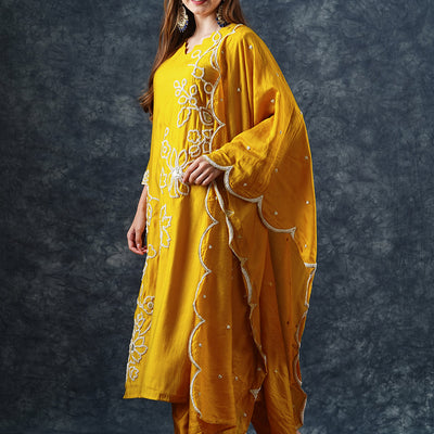 Solid Floral Dori Embroidered Straight Kurta with Pant & Dupatta - Yellow