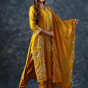 Solid Floral Dori Embroidered Straight Kurta with Pant & Dupatta - Yellow