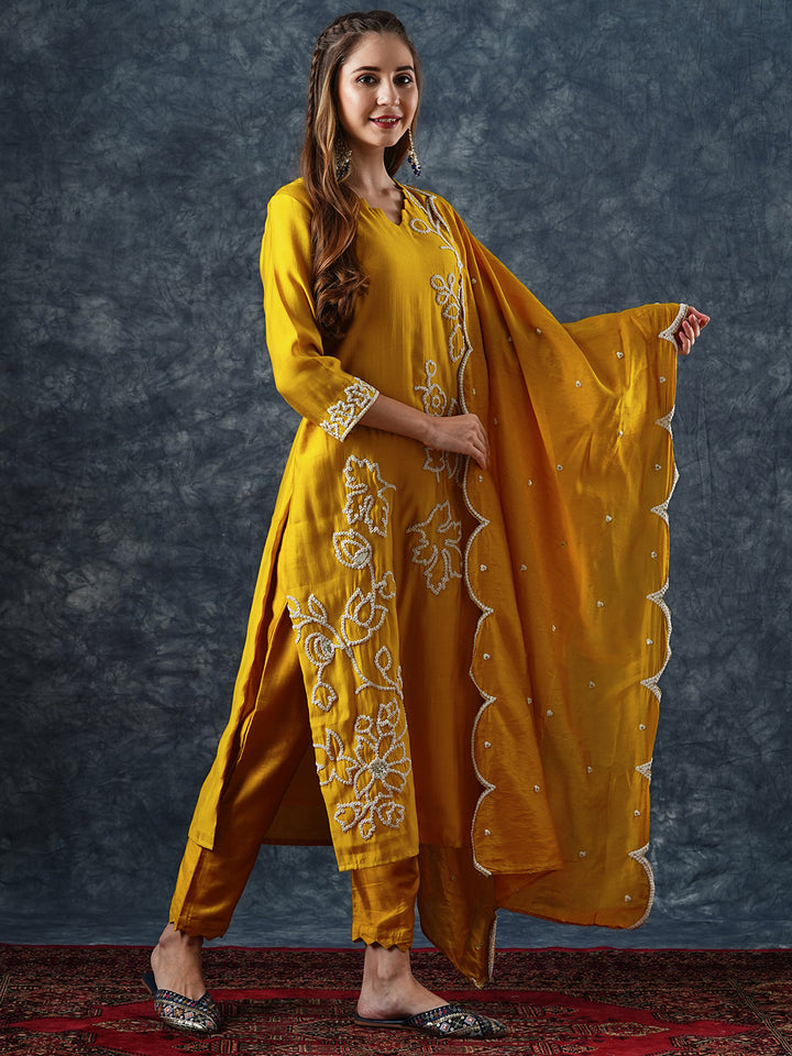 Solid Floral Dori Embroidered Straight Kurta with Pant & Dupatta - Yellow