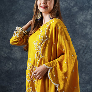 Solid Floral Dori Embroidered Straight Kurta with Pant & Dupatta - Yellow