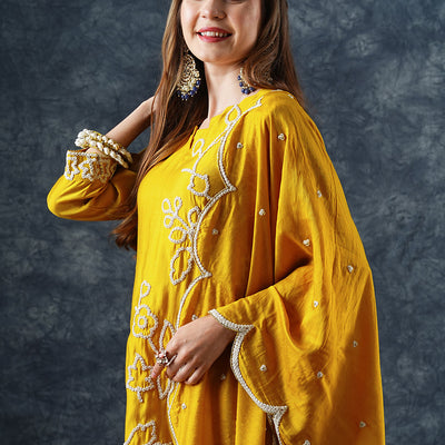 Solid Floral Dori Embroidered Straight Kurta with Pant & Dupatta - Yellow