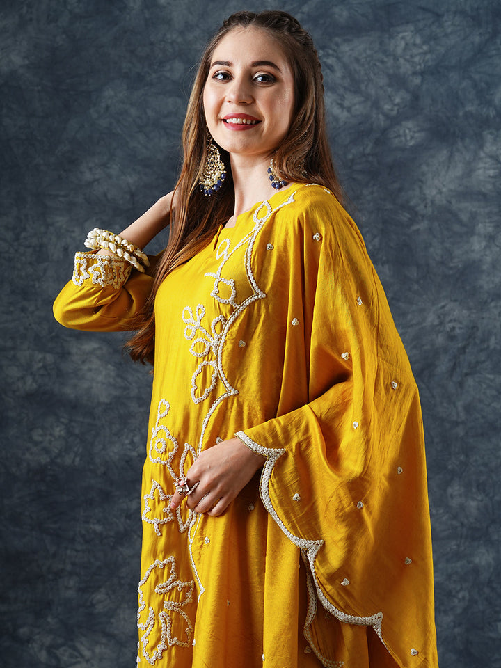 Solid Floral Dori Embroidered Straight Kurta with Pant & Dupatta - Yellow