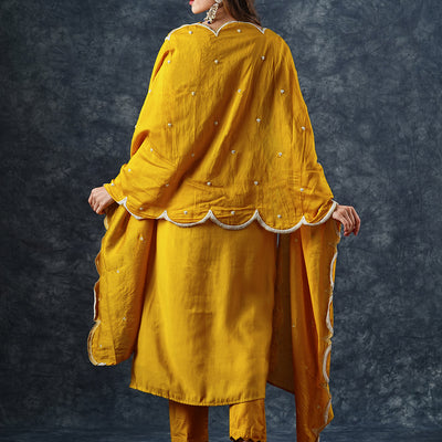 Solid Floral Dori Embroidered Straight Kurta with Pant & Dupatta - Yellow