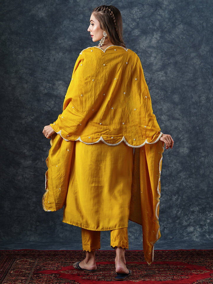 Solid Floral Dori Embroidered Straight Kurta with Pant & Dupatta - Yellow