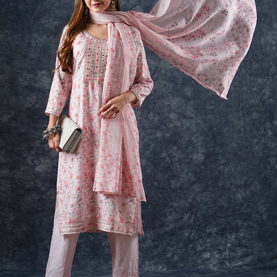 Floral Printed & Embroidered Kurta with Pant & Dupatta - Peach