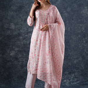 Floral Printed & Embroidered Kurta with Pant & Dupatta - Peach