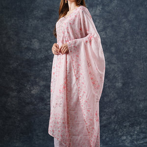 Floral Printed & Embroidered Kurta with Pant & Dupatta - Peach