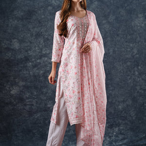 Floral Printed & Embroidered Kurta with Pant & Dupatta - Peach