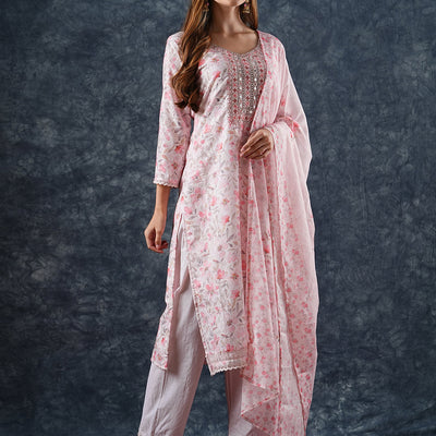 Floral Printed & Embroidered Kurta with Pant & Dupatta - Peach