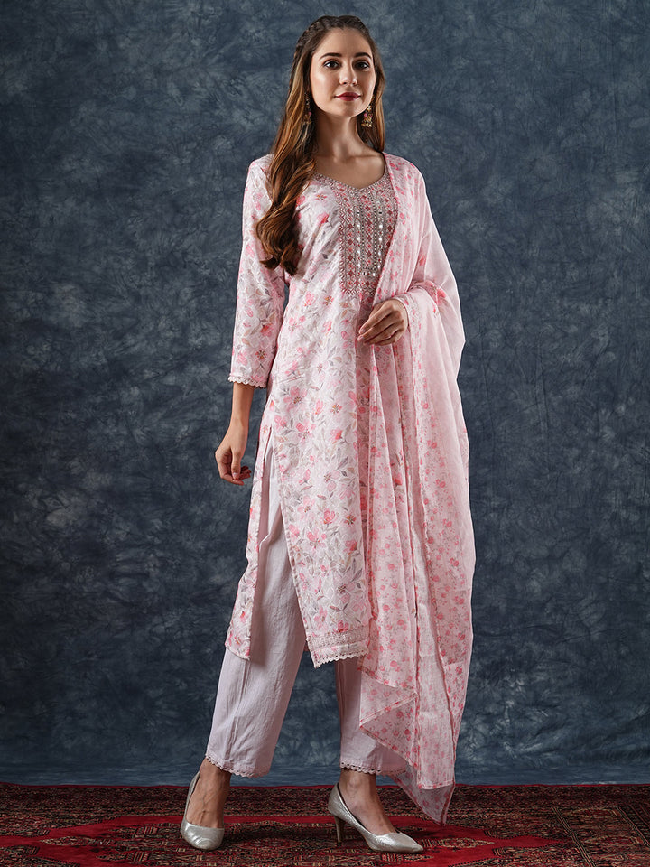 Floral Printed & Embroidered Kurta with Pant & Dupatta - Peach