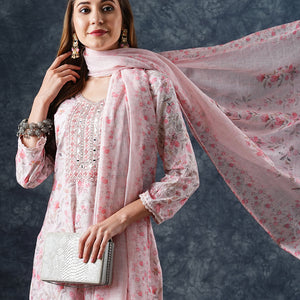 Floral Printed & Embroidered Kurta with Pant & Dupatta - Peach