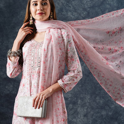 Floral Printed & Embroidered Kurta with Pant & Dupatta - Peach