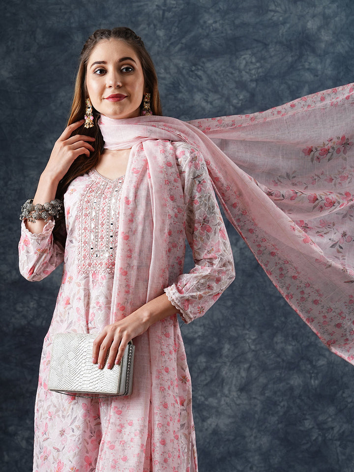 Floral Printed & Embroidered Kurta with Pant & Dupatta - Peach