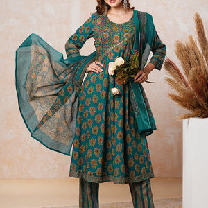 Floral Printed & Embroidered A-Line Flared Kurta with Pant & Dupatta - Green