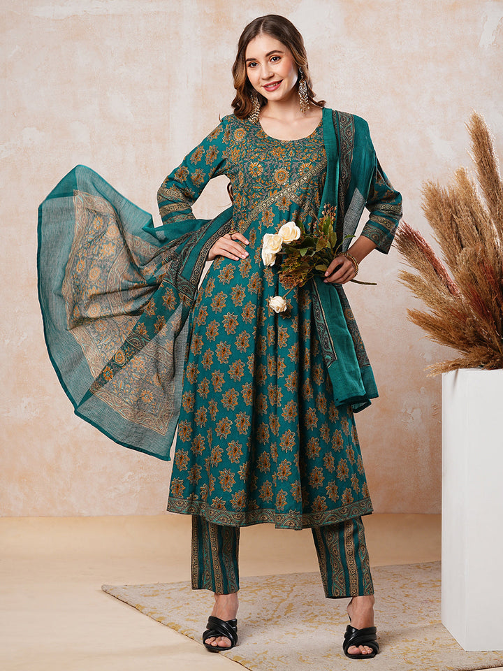 Floral Printed & Embroidered A-Line Flared Kurta with Pant & Dupatta - Green