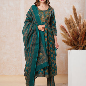 Floral Printed & Embroidered A-Line Flared Kurta with Pant & Dupatta - Green