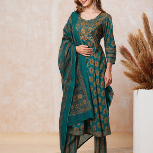 Floral Printed & Embroidered A-Line Flared Kurta with Pant & Dupatta - Green