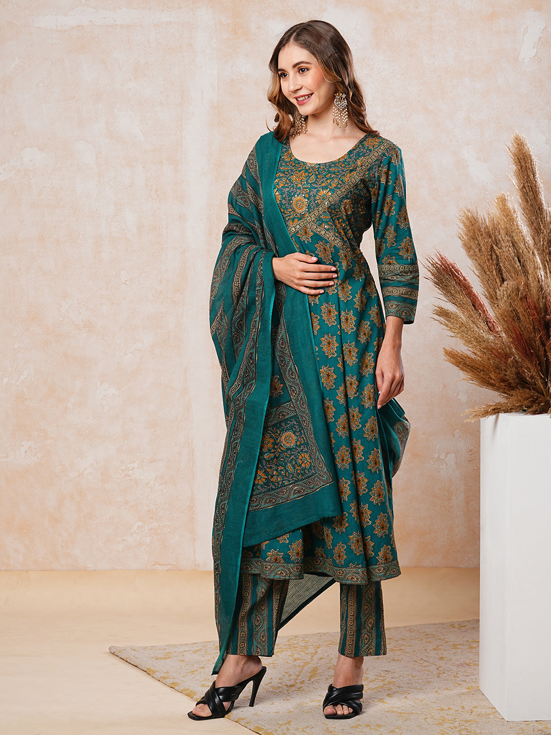 Floral Printed & Embroidered A-Line Flared Kurta with Pant & Dupatta - Green