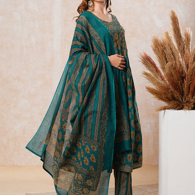 Floral Printed & Embroidered A-Line Flared Kurta with Pant & Dupatta - Green
