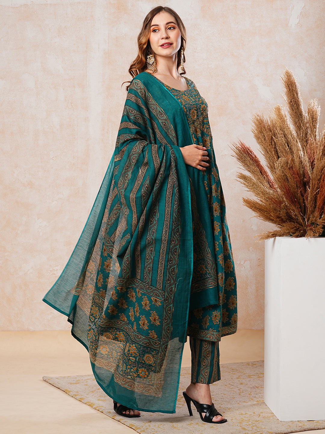 Floral Printed & Embroidered A-Line Flared Kurta with Pant & Dupatta - Green