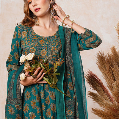 Floral Printed & Embroidered A-Line Flared Kurta with Pant & Dupatta - Green
