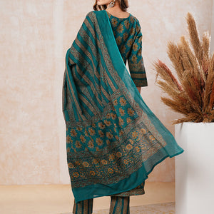 Floral Printed & Embroidered A-Line Flared Kurta with Pant & Dupatta - Green