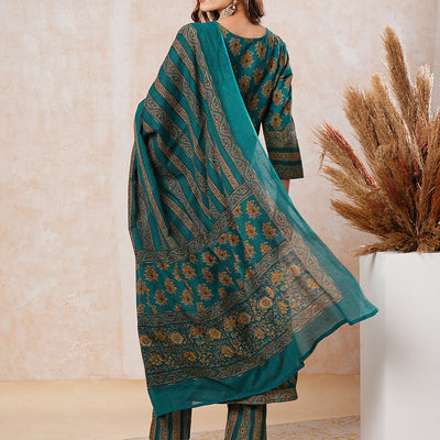 Floral Printed & Embroidered A-Line Flared Kurta with Pant & Dupatta - Green