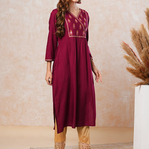 Ethnic Embroidered Solid Straight Fit Kurta - Maroon